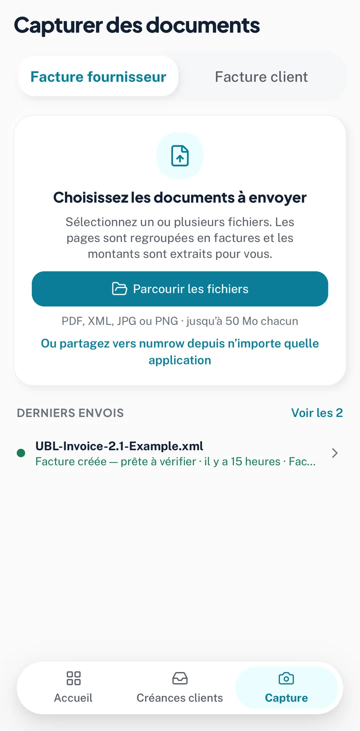 L’écran Capture sur un téléphone : choisissez les factures fournisseurs à envoyer, et retrouvez les derniers envois